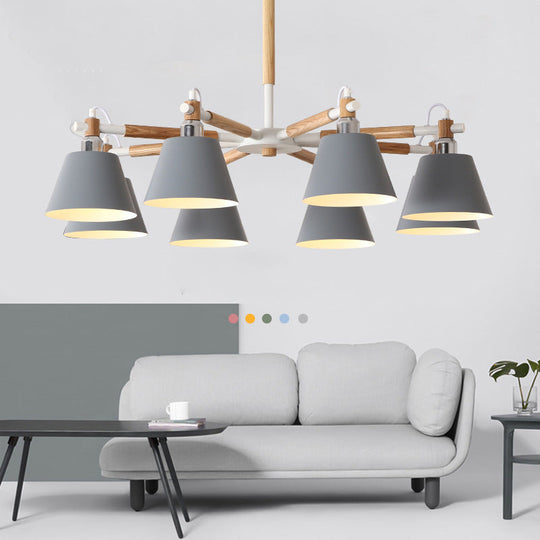 Conical Metal Pendant Lamp with Macaron Wood Design - Stylish Ceiling Chandelier Light for Living Room