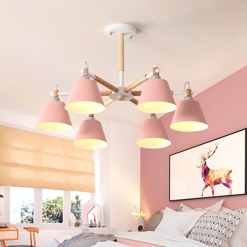 Conical Metal Pendant Lamp with Macaron Wood Design - Stylish Ceiling Chandelier Light for Living Room