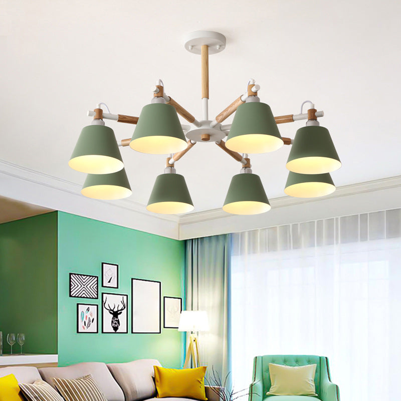 Conical Metal Pendant Lamp with Macaron Wood Design - Stylish Ceiling Chandelier Light for Living Room