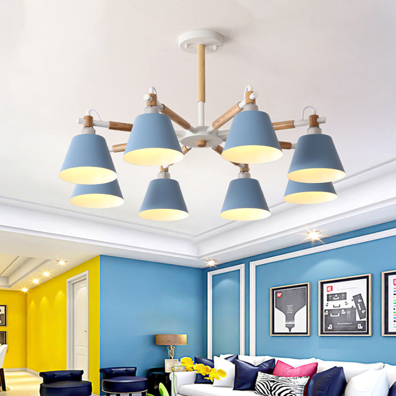 Conical Metal Pendant Lamp with Macaron Wood Design - Stylish Ceiling Chandelier Light for Living Room