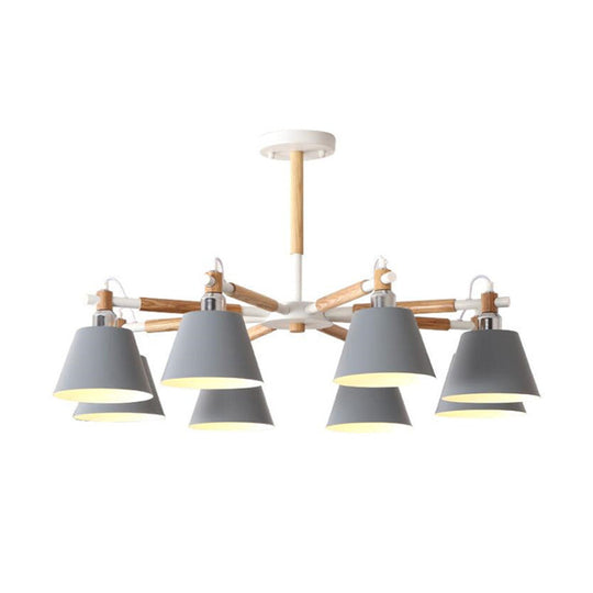 Conical Metal Pendant Lamp with Macaron Wood Design - Stylish Ceiling Chandelier Light for Living Room
