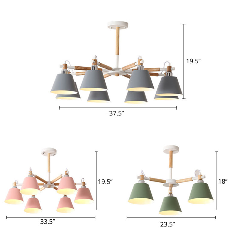 Conical Metal Pendant Lamp with Macaron Wood Design - Stylish Ceiling Chandelier Light for Living Room