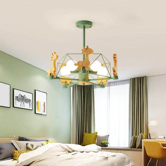 Macaron Cage Pendant Light - Metal 4-Head Chandelier for Bedroom with Wooden Giraffe Deco