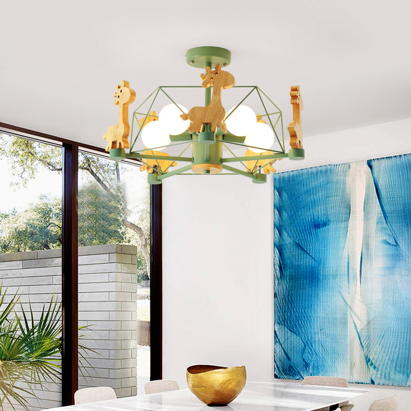 Macaron Cage Pendant Light - Metal 4-Head Chandelier for Bedroom with Wooden Giraffe Deco