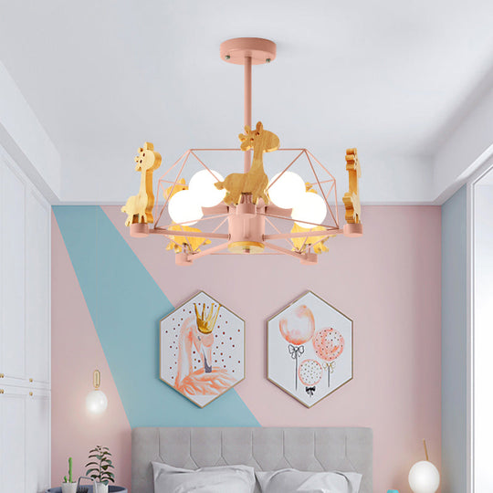 Macaron Cage Pendant Light - Metal 4-Head Chandelier for Bedroom with Wooden Giraffe Deco