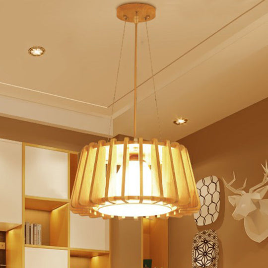 Modern 1-Light Wooden Drum Pendant Lamp with Inner Fabric Shade