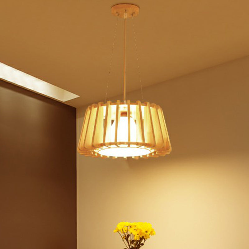 Modern 1-Light Wooden Drum Pendant Lamp with Inner Fabric Shade