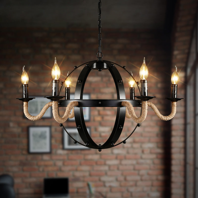 Country Black Metal Chandelier Pendant Light with 6 Candle Lights for Dining Room Ceiling