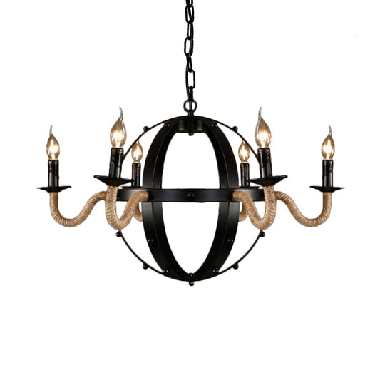 Country Black Metal Chandelier Pendant Light with 6 Candle Lights for Dining Room Ceiling