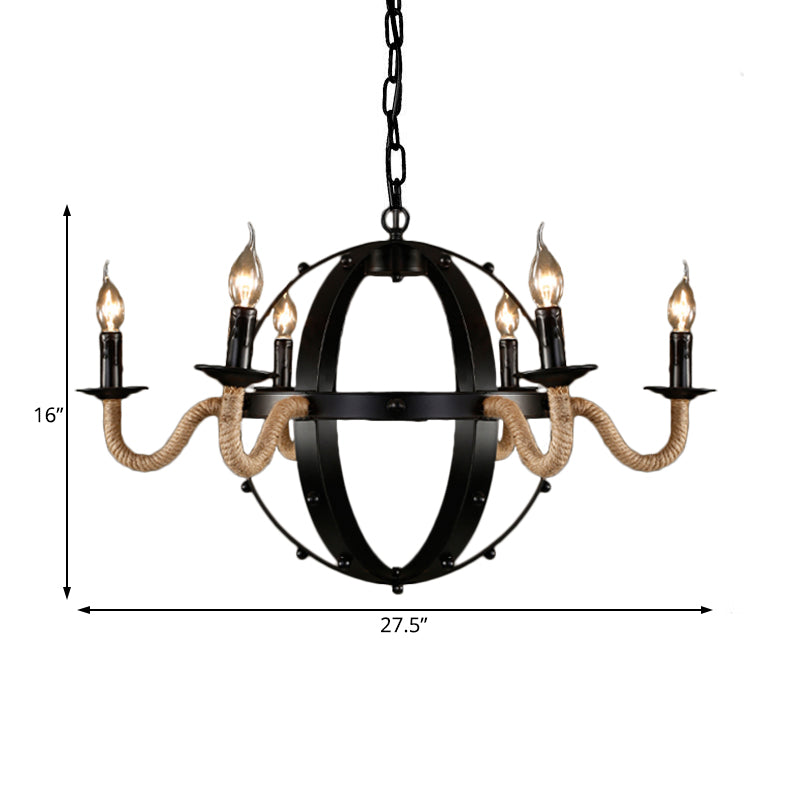 Country Black Metal Chandelier Pendant Light with 6 Candle Lights for Dining Room Ceiling