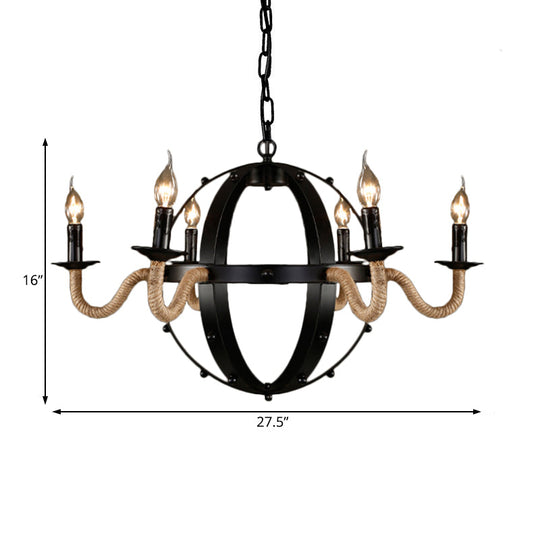 Country Black Metal Chandelier Pendant Light with 6 Candle Lights for Dining Room Ceiling