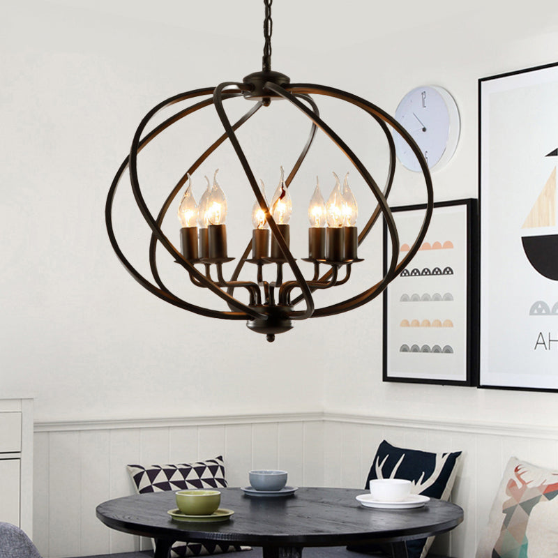 Country Metal Living Room Pendant Chandelier - Black Cage Fixture with 8 Lights