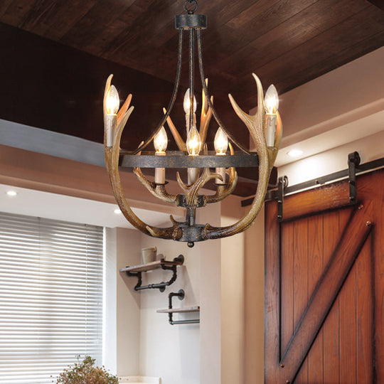 Rustic Wheel Resin Pendant Chandelier with Elk Deco - 6/9 Lights, Brown - Perfect for Dining Room Lighting