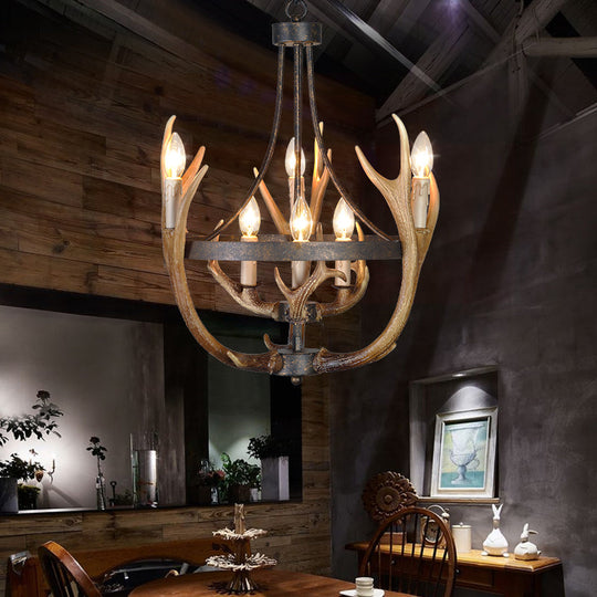 Rustic Wheel Resin Pendant Chandelier with Elk Deco - 6/9 Lights, Brown - Perfect for Dining Room Lighting