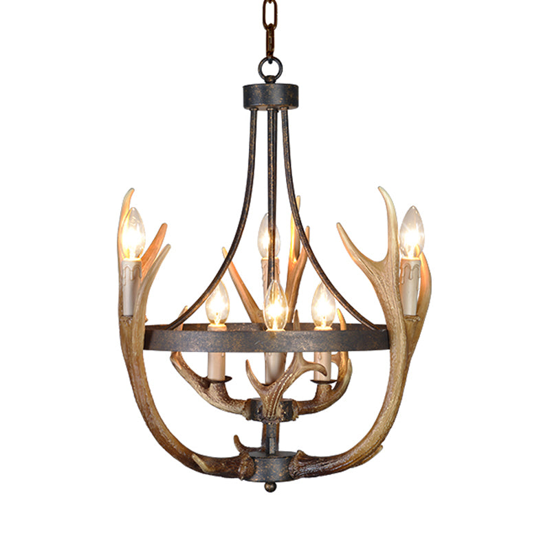 Rustic Wheel Resin Pendant Chandelier with Elk Deco - 6/9 Lights, Brown - Perfect for Dining Room Lighting