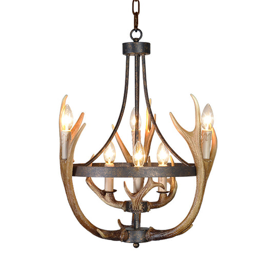 Rustic Wheel Resin Pendant Chandelier with Elk Deco - 6/9 Lights, Brown - Perfect for Dining Room Lighting