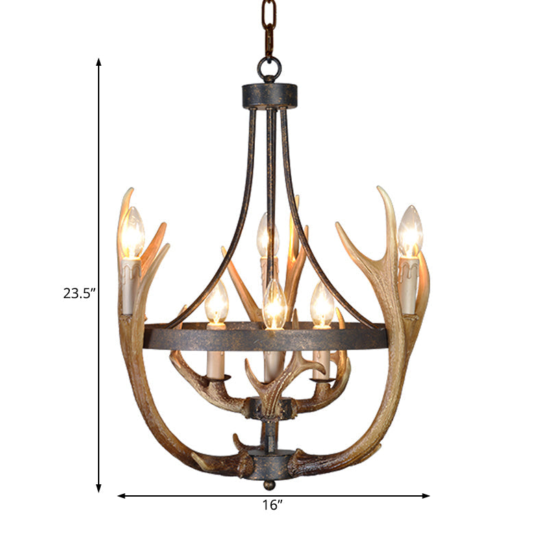Rustic Wheel Resin Pendant Chandelier with Elk Deco - 6/9 Lights, Brown - Perfect for Dining Room Lighting