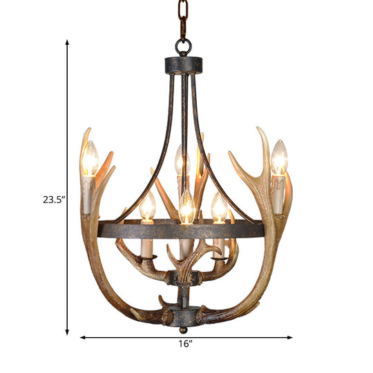 Rustic Wheel Resin Pendant Chandelier with Elk Deco - 6/9 Lights, Brown - Perfect for Dining Room Lighting