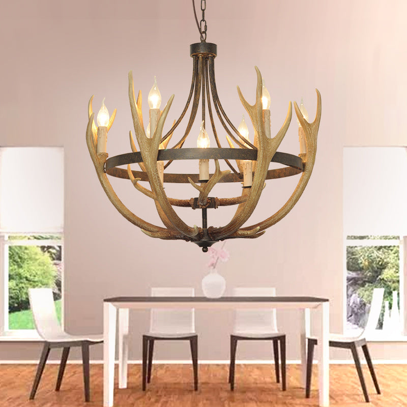Rustic Wheel Resin Pendant Chandelier with Elk Deco - 6/9 Lights, Brown - Perfect for Dining Room Lighting