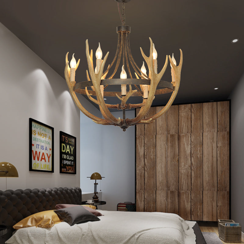 Rustic Wheel Resin Pendant Chandelier with Elk Deco - 6/9 Lights, Brown - Perfect for Dining Room Lighting
