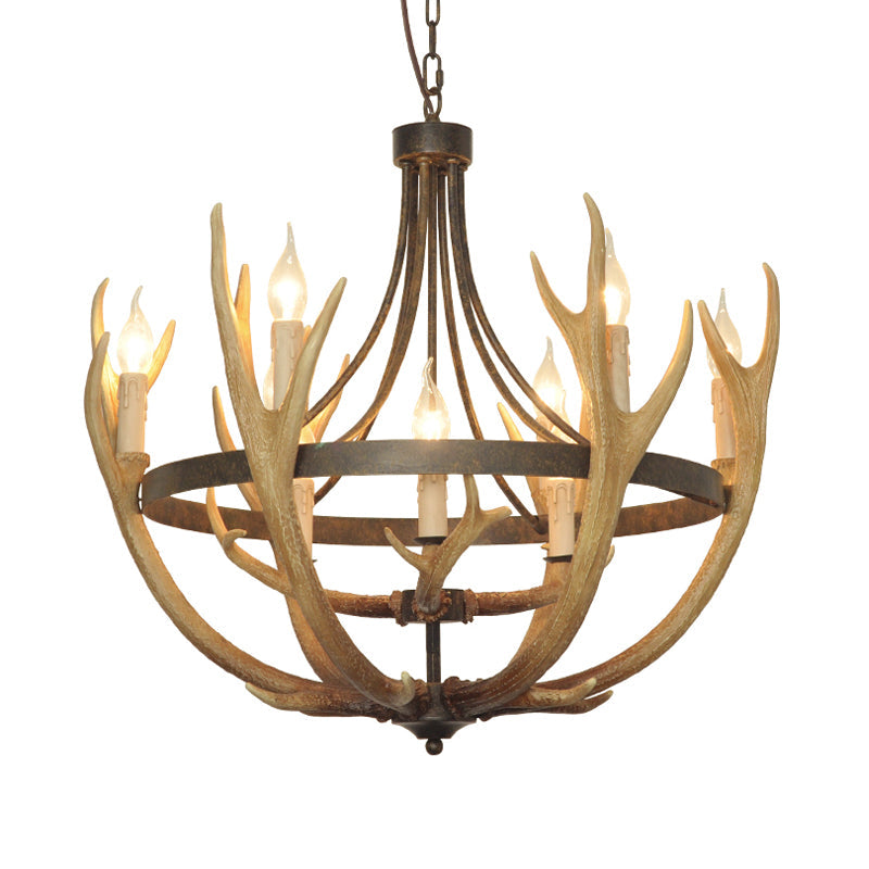 Rustic Wheel Resin Pendant Chandelier with Elk Deco - 6/9 Lights, Brown - Perfect for Dining Room Lighting