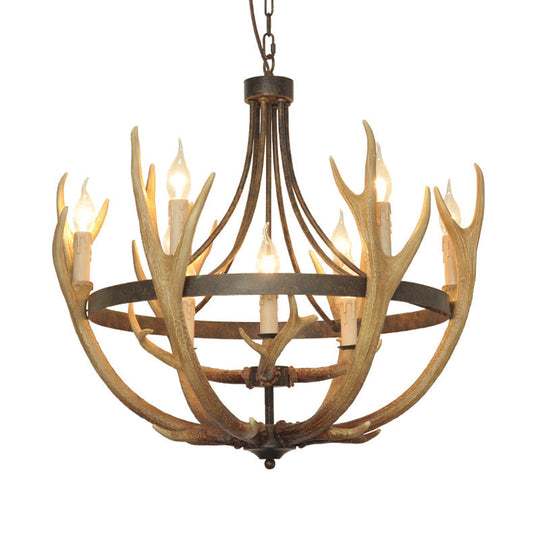 Rustic Wheel Resin Pendant Chandelier with Elk Deco - 6/9 Lights, Brown - Perfect for Dining Room Lighting