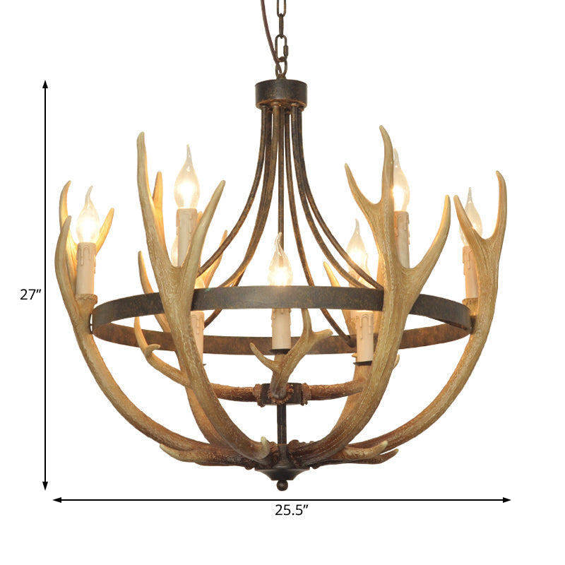 Rustic Wheel Resin Pendant Chandelier with Elk Deco - 6/9 Lights, Brown - Perfect for Dining Room Lighting