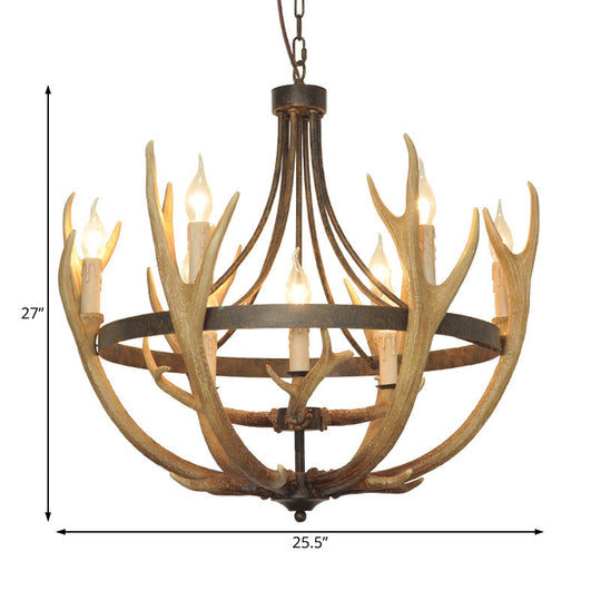 Rustic Wheel Resin Pendant Chandelier with Elk Deco - 6/9 Lights, Brown - Perfect for Dining Room Lighting