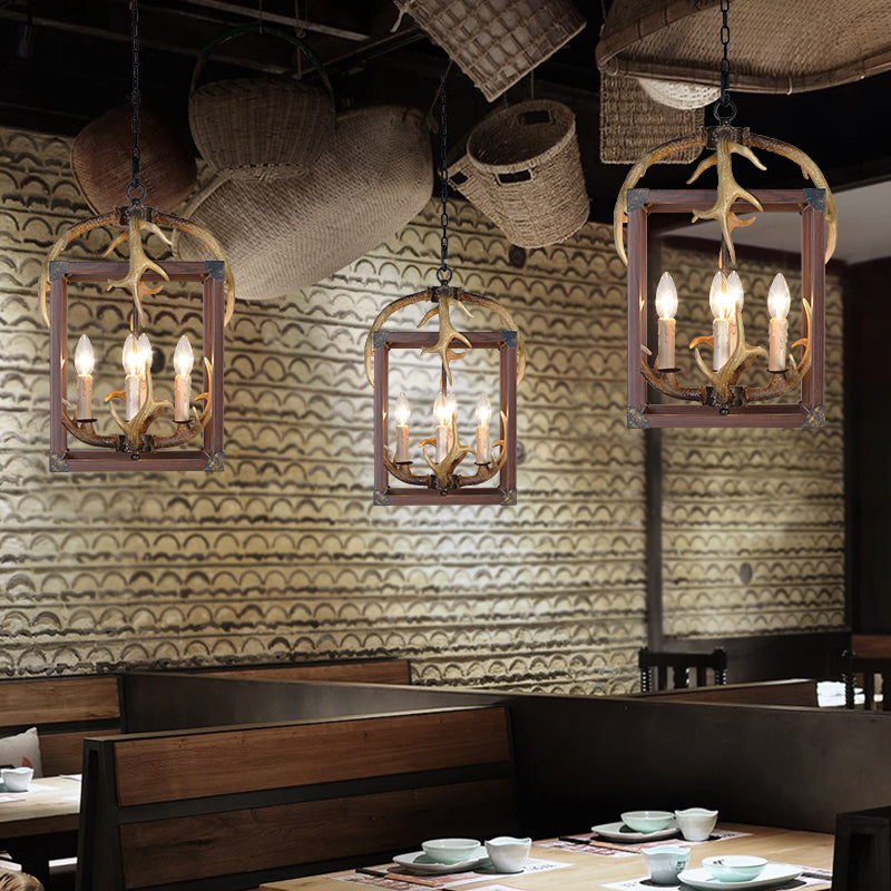 Rustic Metal Rectangle Frame Pendant Chandelier - Red Brown Finish, 4/8 Lights - Ideal for Dining Room Lighting