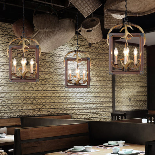 Rustic Metal Rectangle Frame Pendant Chandelier - Red Brown Finish, 4/8 Lights - Ideal for Dining Room Lighting