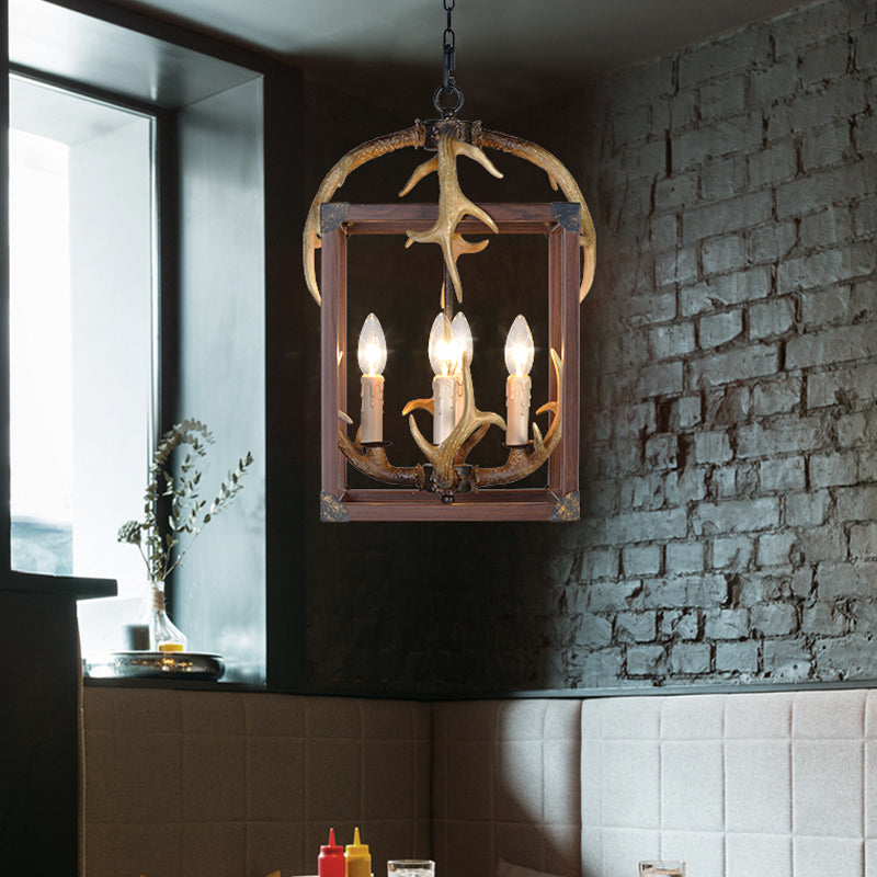 Rustic Metal Rectangle Frame Pendant Chandelier - Red Brown Finish, 4/8 Lights - Ideal for Dining Room Lighting