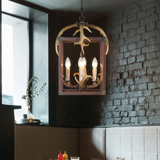 Rustic Metal Rectangle Frame Pendant Chandelier - Red Brown Finish, 4/8 Lights - Ideal for Dining Room Lighting