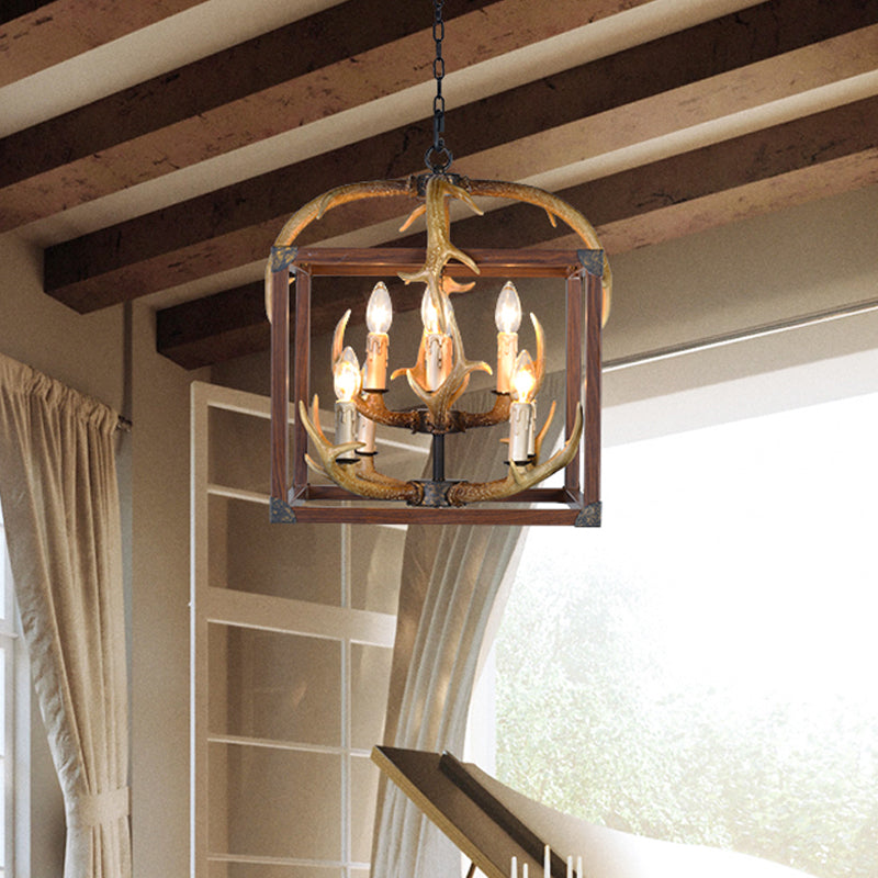 Rustic Metal Rectangle Frame Pendant Chandelier - Red Brown Finish, 4/8 Lights - Ideal for Dining Room Lighting