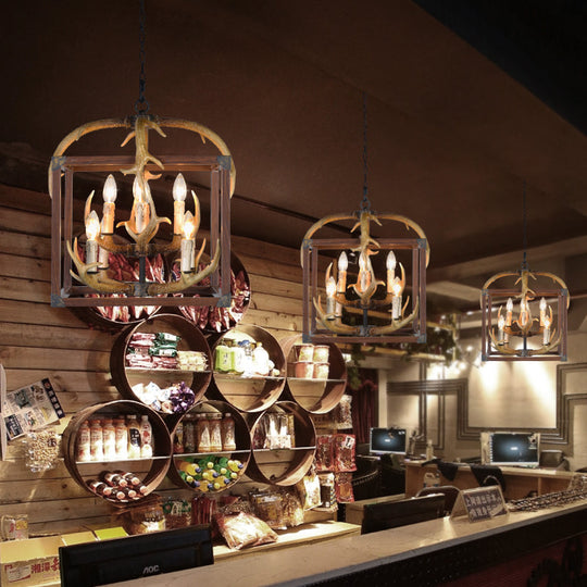 Rustic Metal Rectangle Frame Pendant Chandelier - Red Brown Finish, 4/8 Lights - Ideal for Dining Room Lighting