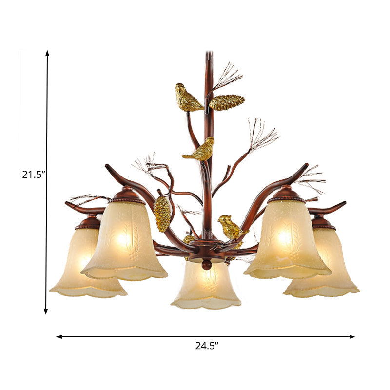 Rustic Frosted Glass Ceiling Chandelier with Bird, Flower Shape, 3/6/8 Lights - Brown Hanging Fixture for Living Room