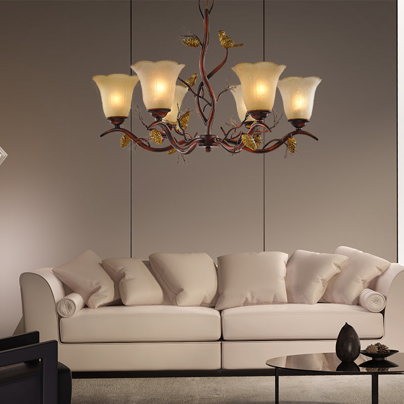 Rustic Frosted Glass Ceiling Chandelier with Bird, Flower Shape, 3/6/8 Lights - Brown Hanging Fixture for Living Room