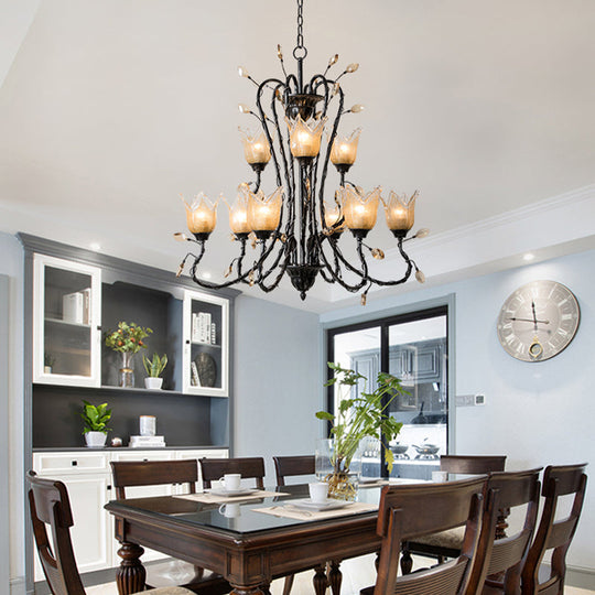 Country-inspired Amber Glass Flower Pendant Chandelier - Black, 9-Light Fixture for Dining Room