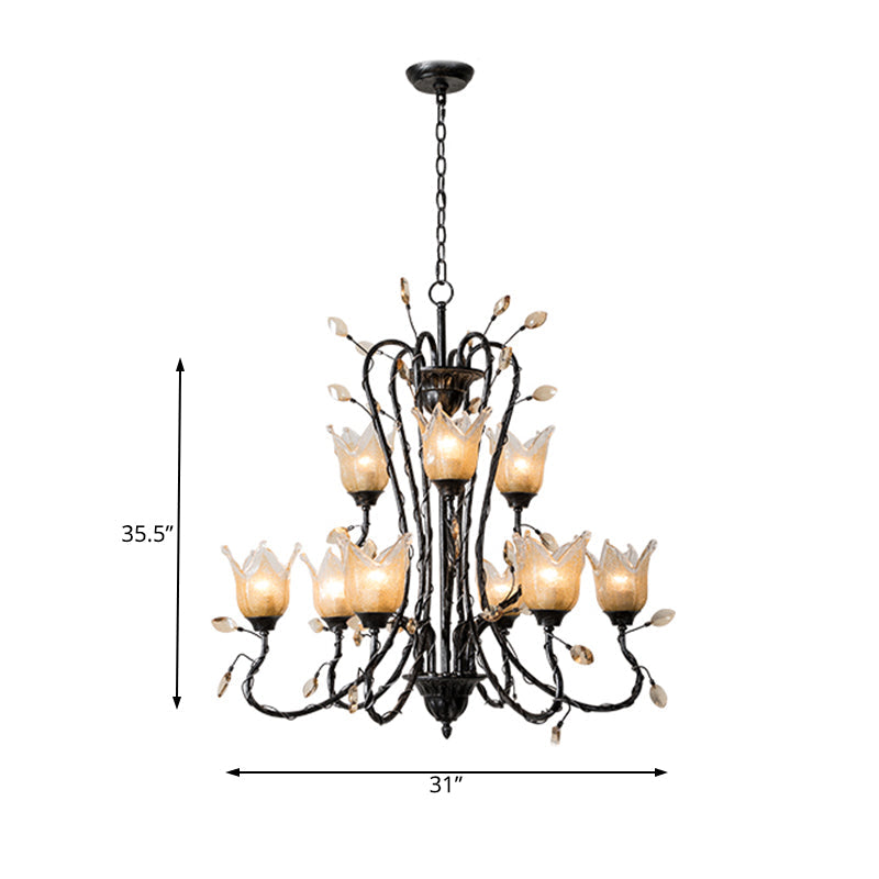 Country-inspired Amber Glass Flower Pendant Chandelier - Black, 9-Light Fixture for Dining Room