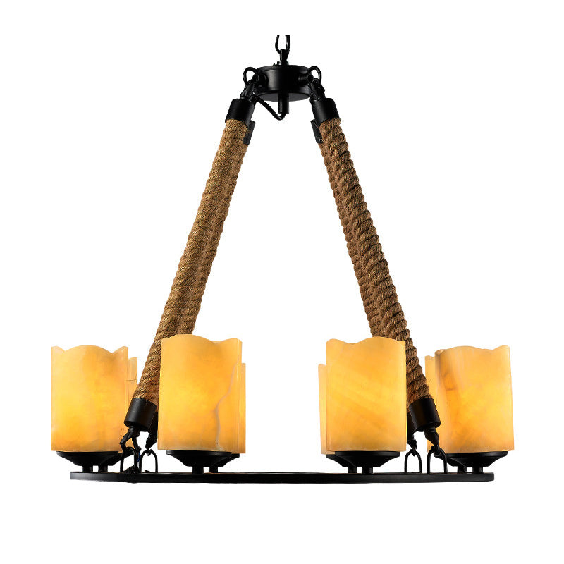 Rustic Yellow Metal Pendant Chandelier - 8-Light Round Fixture for Living Room