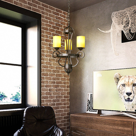 Rustic Black Dining Room Chandelier with Yellow Cylinder Glass Shade - 3-Lights Hanging Fixture