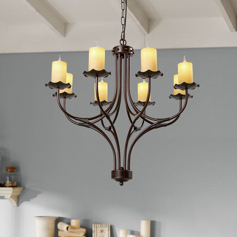 Yellow Glass Hanging Chandelier - Country Bronze Candle Design for Living Room - 8 Lights Pendant Light Fixture