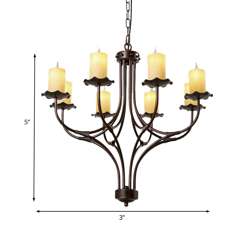 Yellow Glass Hanging Chandelier - Country Bronze Candle Design for Living Room - 8 Lights Pendant Light Fixture