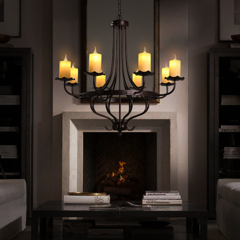 Yellow Glass Chandelier Lamp: Country Dining Room Pendant Lighting (8 Lights) in Bronze