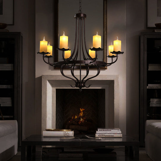 Yellow Glass Chandelier Lamp: Country Dining Room Pendant Lighting (8 Lights) in Bronze