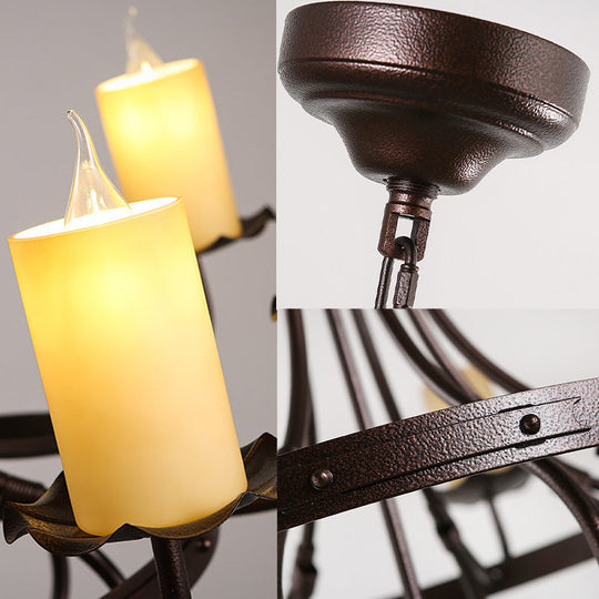 Yellow Glass Chandelier Lamp: Country Dining Room Pendant Lighting (8 Lights) in Bronze