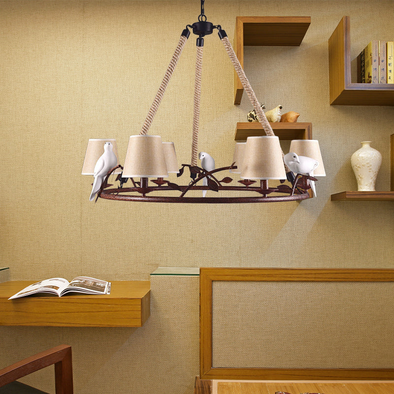 Vintage 6-Light Wheel Metal Chandelier with Rustic Tapered Fabric Shades - Dining Room Pendant Lighting