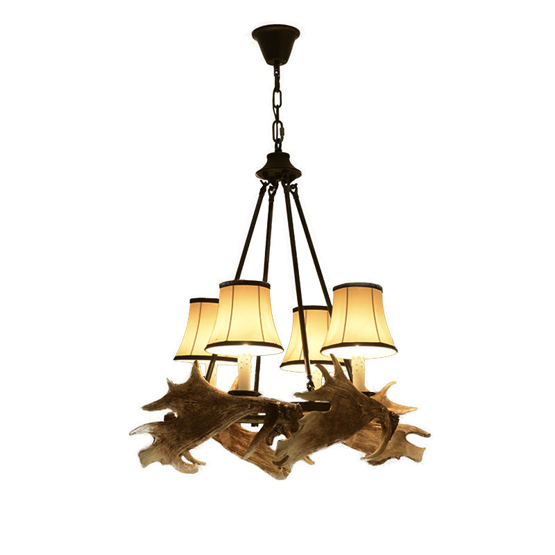 Rustic Resin Dining Room Chandelier - Tapered Design, 4 Lights, Beige Hanging Fixture with Fabric Shade