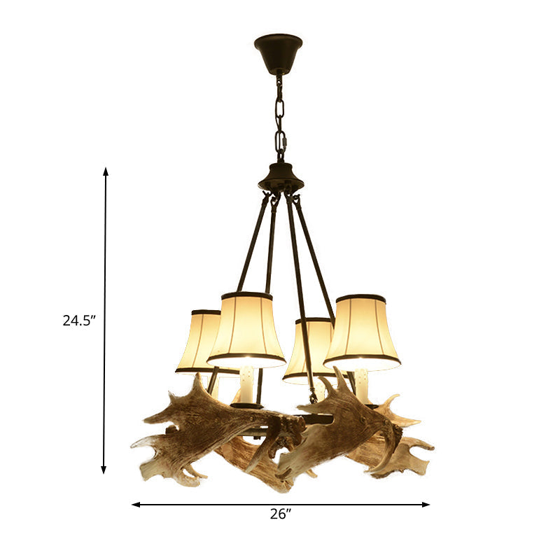 Rustic Resin Dining Room Chandelier - Tapered Design, 4 Lights, Beige Hanging Fixture with Fabric Shade