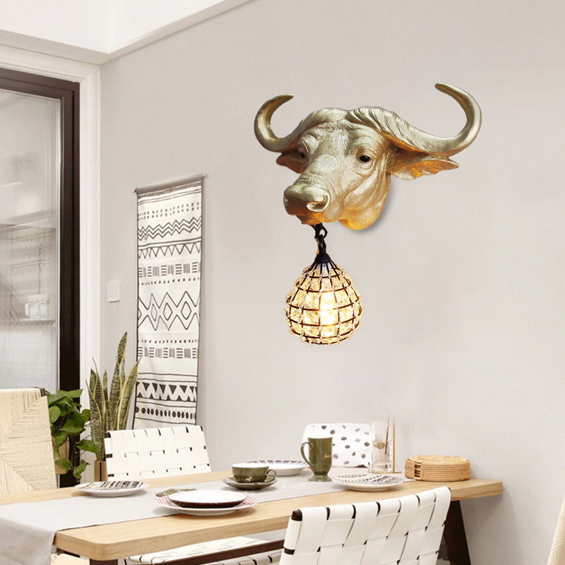 Country Cattle Metal Wall Lamp with Crystal/Glass Shade - Gold Finish