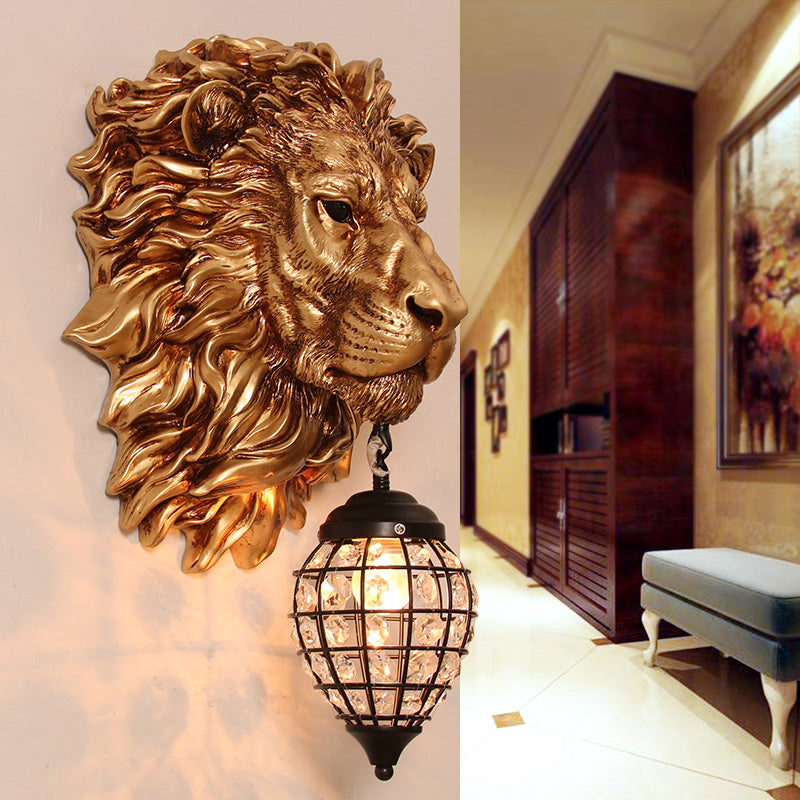 Rustic Gold Resin Lion Sconce Lighting: 1-Light Indoor Wall Lamp with Teardrop Shade